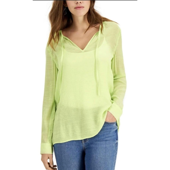 Palette Tops - PALETTE Tie String Neck‎ Button Detail Long Sleeve Gauze Blouse Large Lime NWT
